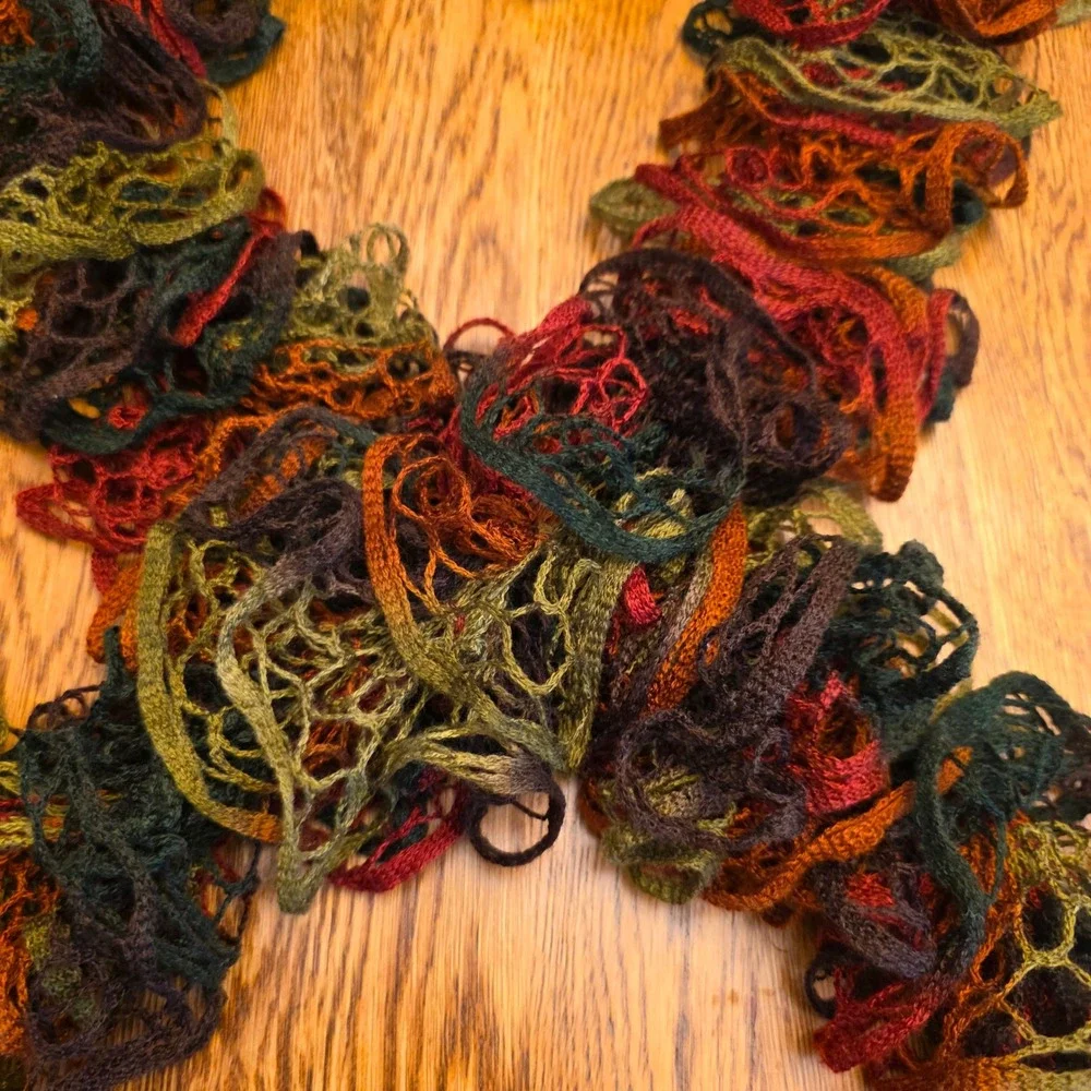 Lattice Knit Scarf Earth Tone Variegated Ruffle Boho Green Rust 5x66
